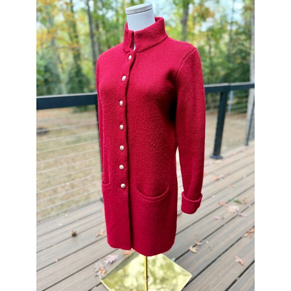 Adrienne Vittadini Medium Red Wool Blend Long Button Up Cardigan Stand Up Collar - Picture 5 of 10